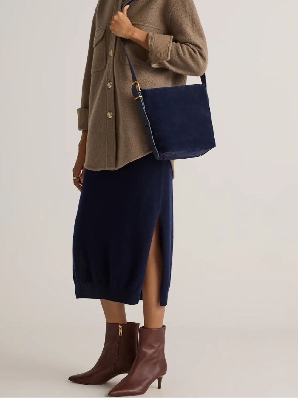 NWT and Dustbag Quince Italian Suede Bucket Crossbody in Navy. - Picture 4 of 14